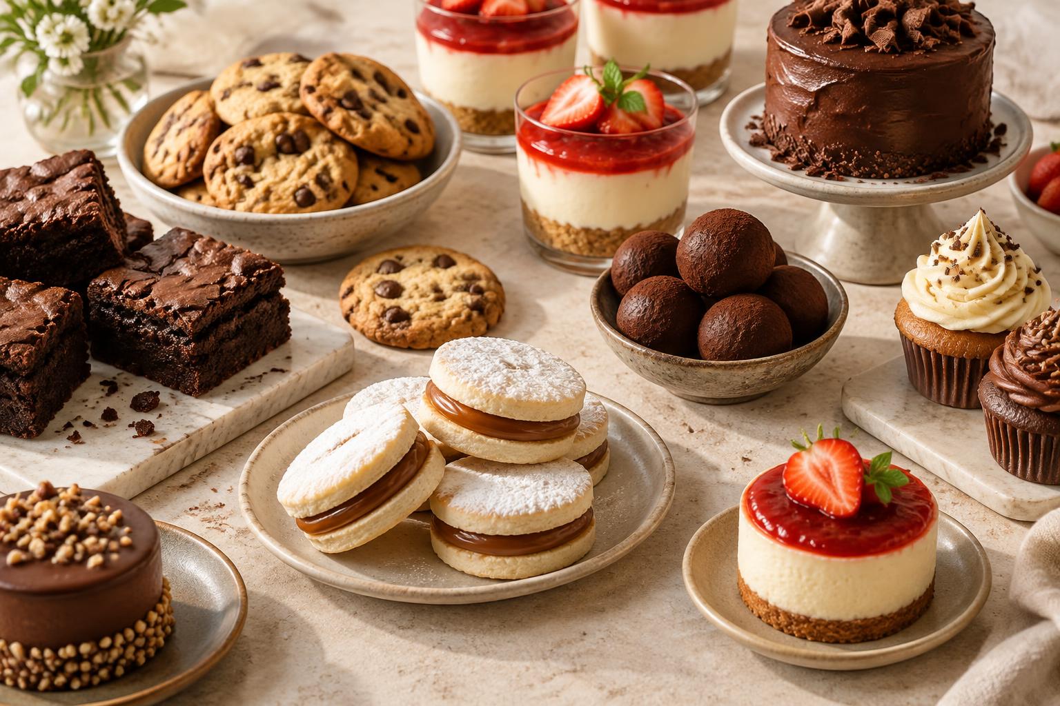 Selección de brownies, cookies, alfajores, trufas, cheesecakes y cupcakes artesanales